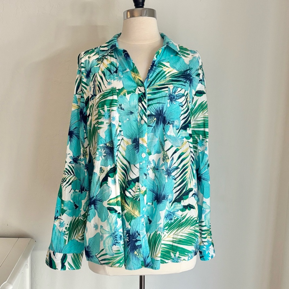 Chico's Hawaiian Tropical Print Button Up Roll Tab Sleeve Cotton Aqua, S. 3